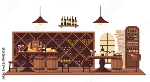 Cozy wine cellar interior with rustic wooden furniture and wine bottles