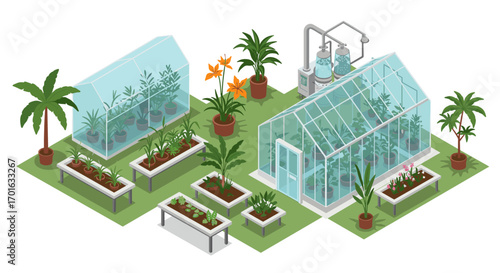 Modern isometric greenhouse with tropical plants and sustainable agriculture elements