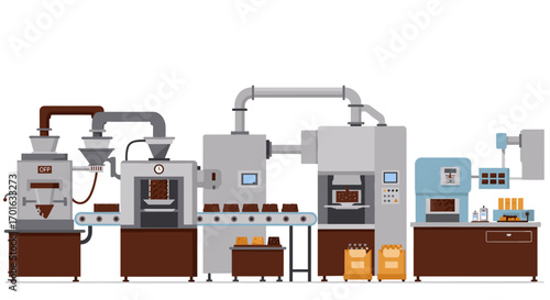 Modern chocolate factory assembly line with automated machinery and conveyor belt