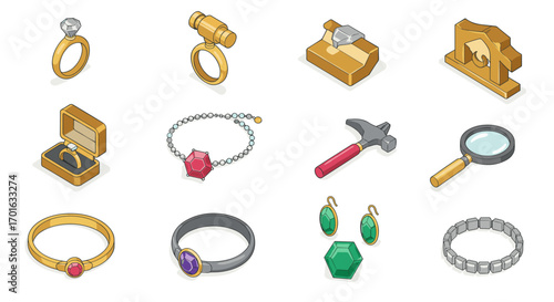 Elegant jewelry and tools in isometric style for detailed design concepts