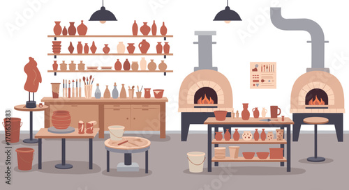 Cozy ceramic workshop interior with pottery tools and kilns in rustic style