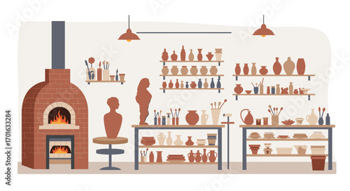 Cozy ceramic studio with handmade pottery and sculptures in neutral tones