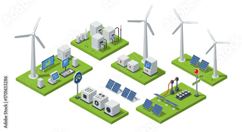 Isometric renewable energy components: wind turbines, solar panels, power stations on green platforms