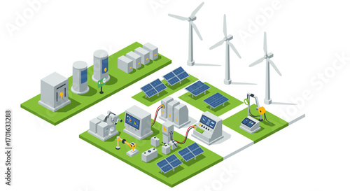 Sustainable energy isometric design featuring solar panels and wind turbines