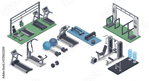 Isometric gym equipment set: treadmills, weights, and fitness machines