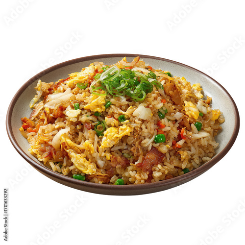 Chinese fried rice on the plate, Yangzhou fried rice, traditional Chinese food, Chinese cuisine, isolated on white transparent background, menu photography, food photography