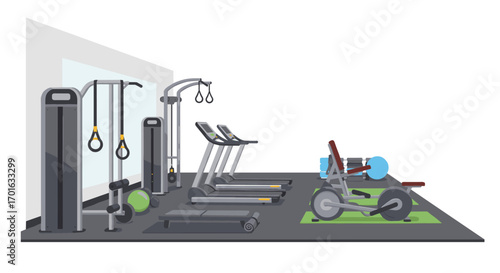 Modern gym setup with cardio and strength machines in minimalist design