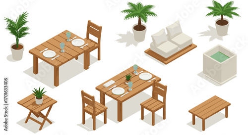 Modern isometric dining and lounge furniture with outdoor plants