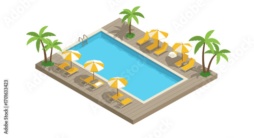 Isometric poolside retreat with palm trees and umbrellas in summer setting