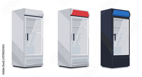 Modern refrigerated display cases with glass doors in various colors