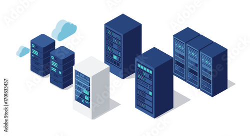 Isometric data center with server racks and cloud computing elements