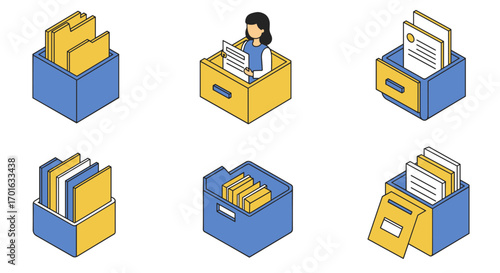 Isometric office filing boxes with documents and files in blue and yellow