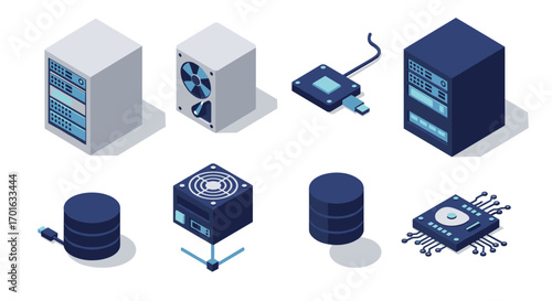 Isometric technology equipment featuring servers, hard drives, and computer components