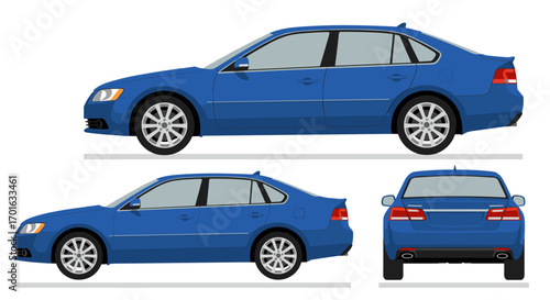 Blue sedan car set in flat style featuring side, front, and rear views
