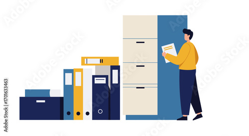 Organized office storage with file cabinets and documents in modern flat design