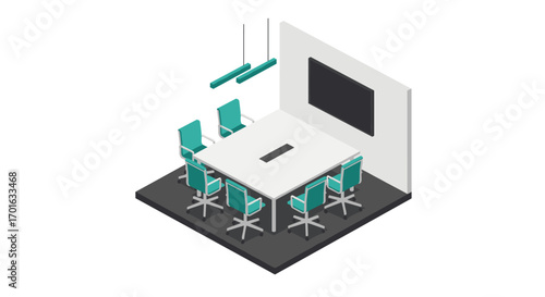 Modern office conference room with isometric design and minimalist furniture
