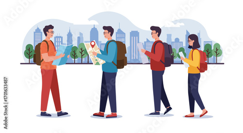 Group of young travelers exploring city with maps and smartphones