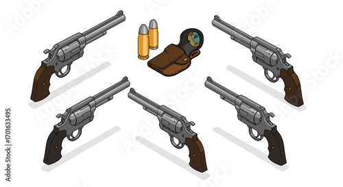 Isometric revolvers and ammo with holster set on white background