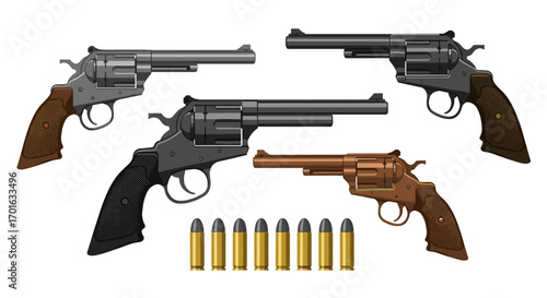 Variety of revolver pistols and bullets on white background