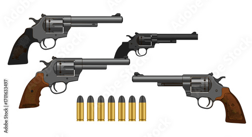 Realistic revolvers with bullets on white background
