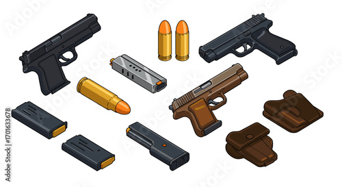 Isometric handguns and ammunition set on white background