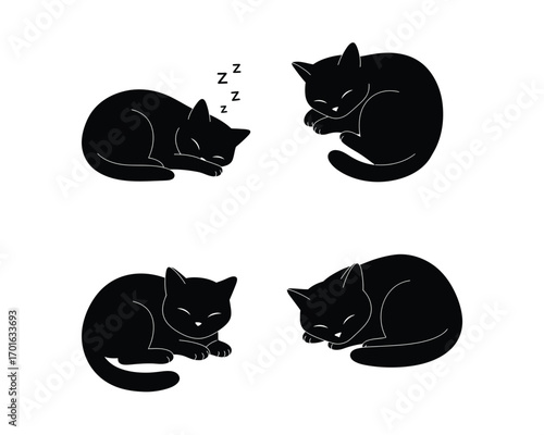 Four charming black cat illustrations depicting various sleeping poses and peaceful slumber with subtle zzzs above one feline