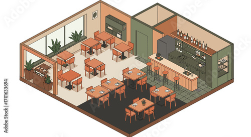 Cozy isometric cafe design with modern interior and seating arrangement