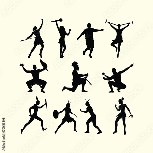 Collection of silhouettes of ancient warriors and figures in dynamic poses