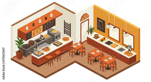 Cozy isometric pizzeria interior with pizza ovens and dining area