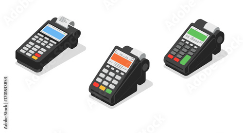 Isometric point of sale terminals with colorful displays for modern transactions