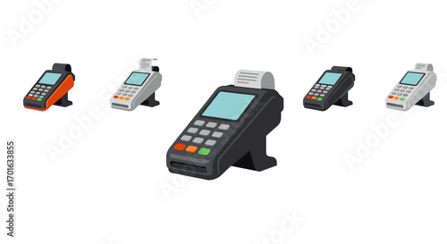 Modern payment terminal devices displayed in isometric style