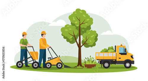 Landscape workers maintaining park with lawn mowers and maintenance truck