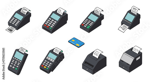 Isometric payment terminals and card illustration featuring modern electronic devices