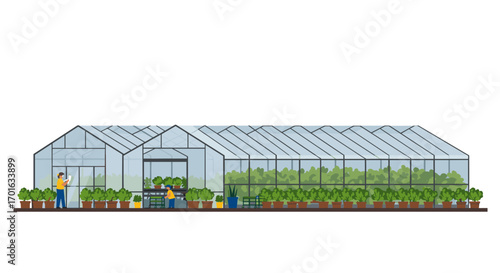 Modern greenhouse with farmers tending to plants in a flat design