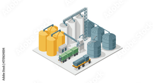Isometric industrial complex with silos and freight trains