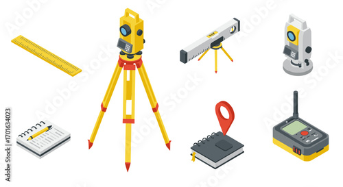 Isometric surveying instruments set with tripods, level, and notebook