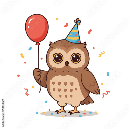 Joyful cute owl in a vibrant 2D flat vector illustration wears a tiny party hat, holds a festive balloon, and stands on confetti-strewn surface with white background.