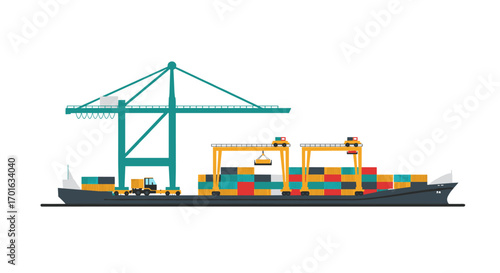 Modern cargo ship with crane and containers in flat design