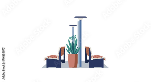 Outdoor seating area with benches and streetlamp in a flat design