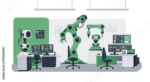 Futuristic robotics lab with green industrial automation and advanced technology workspace
