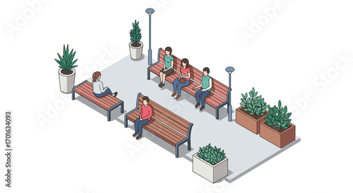 Isometric park scene with benches and people relaxing in urban setting