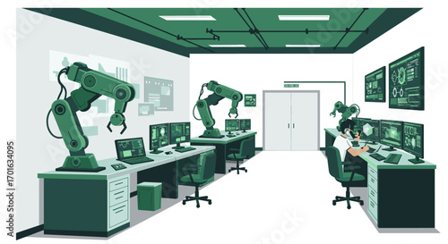 Automated robotics lab with engineers and robotic arms in modern workspace