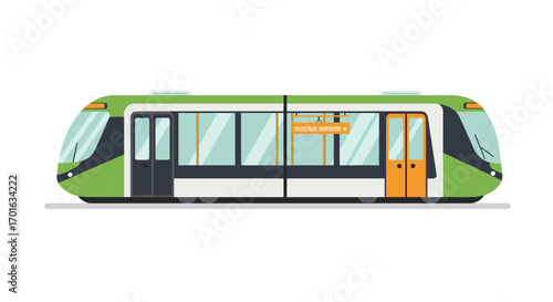 Modern green tram in flat design with large windows and sleek profile on a white background