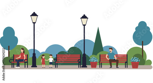Family outing in park: minimalist design with benches, trees, and lamp posts