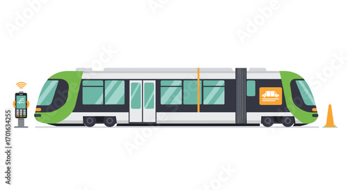 Modern flat design electric tram with ticket machine and safety cone