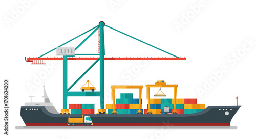 Cargo ship loading at port with containers and crane in flat style