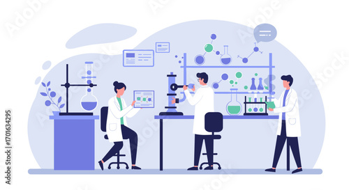 Scientists in laboratory conducting experiments in a modern flat design
