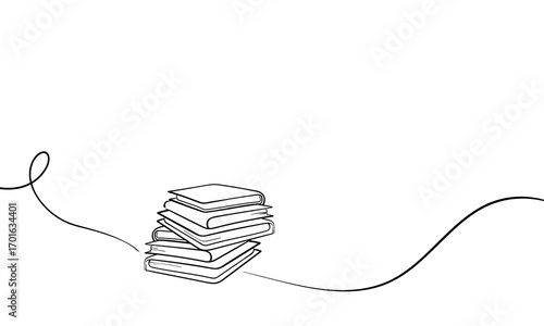Stack of books, one continuous drawing. School and library education in simple line style. Writing rough in editable stroke. Vector illustration