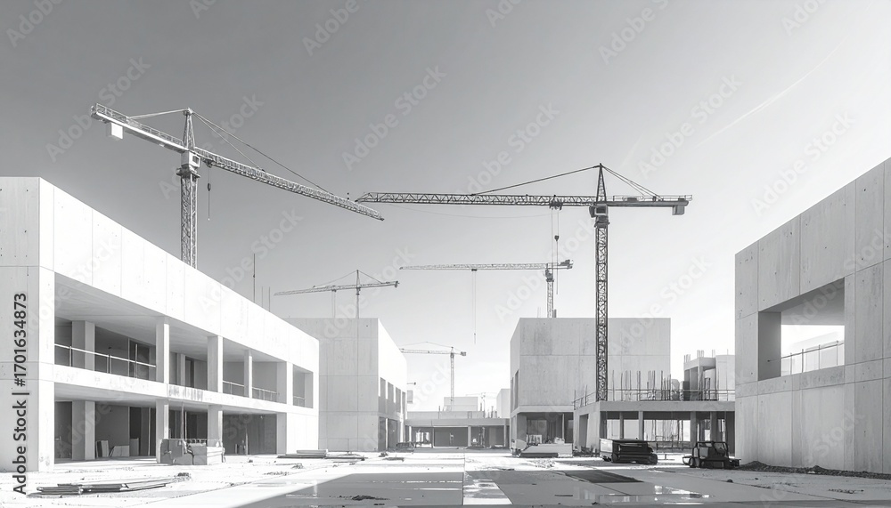 Obraz premium a construction site with multiple high-rise buildings under construction and several cranes. A person in an orange jacket is seen walking in the foreground
