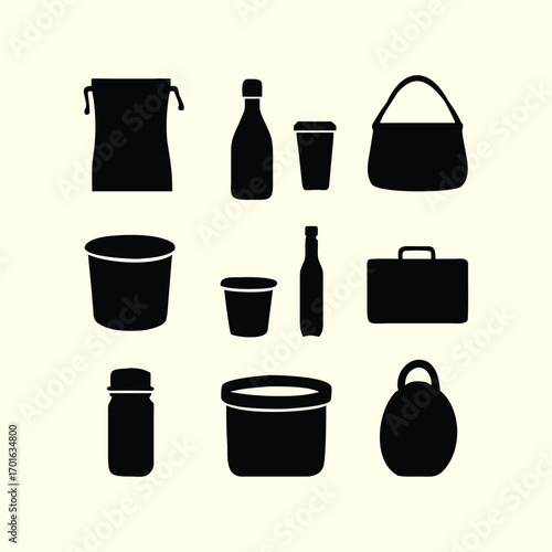 Silhouette icon set representing various containers and bags, including boxes, bottles, jars, pouches, storage items, packaging, luggage, and cases